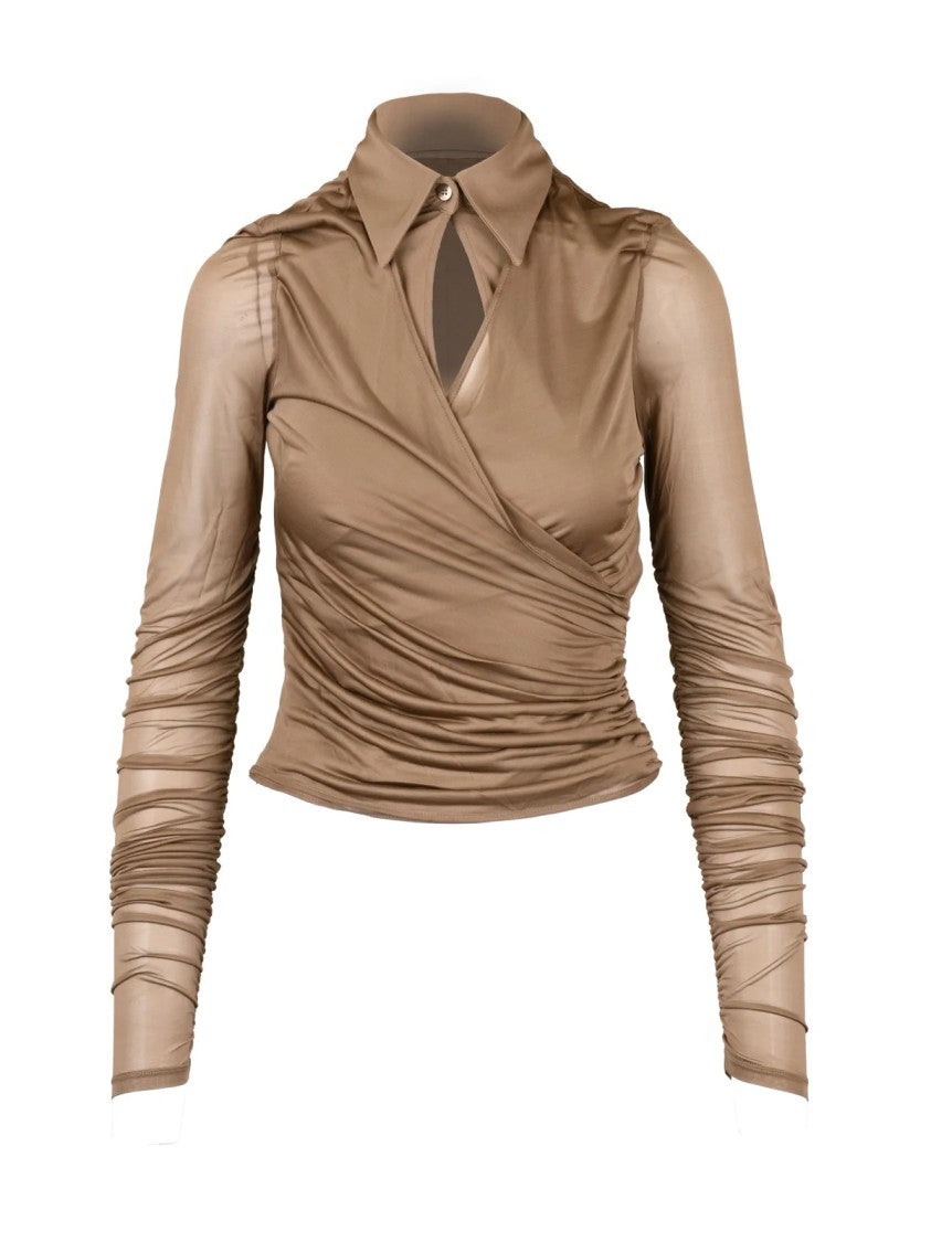 Max Mara Taupe Viscose-Blend Wrap Blouse