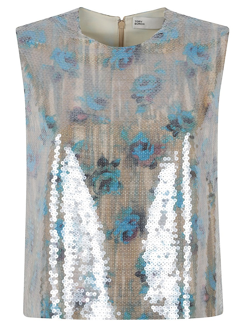 Tory Burch Sleeveless Boxy Top With Blue Rose Print And Sequins