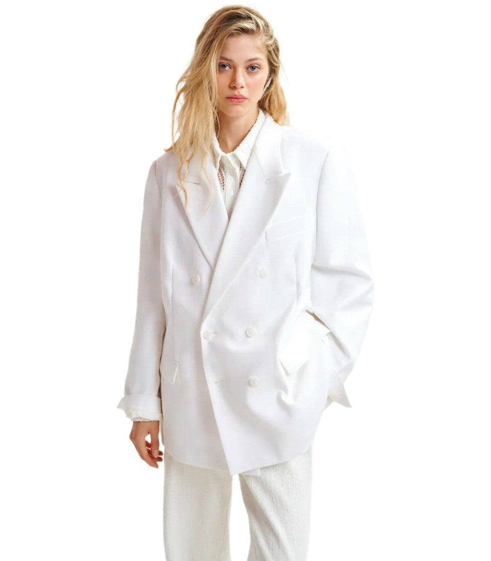 Essentiel Antwerp Hollow White Pinstriped Double-Breasted Jacket