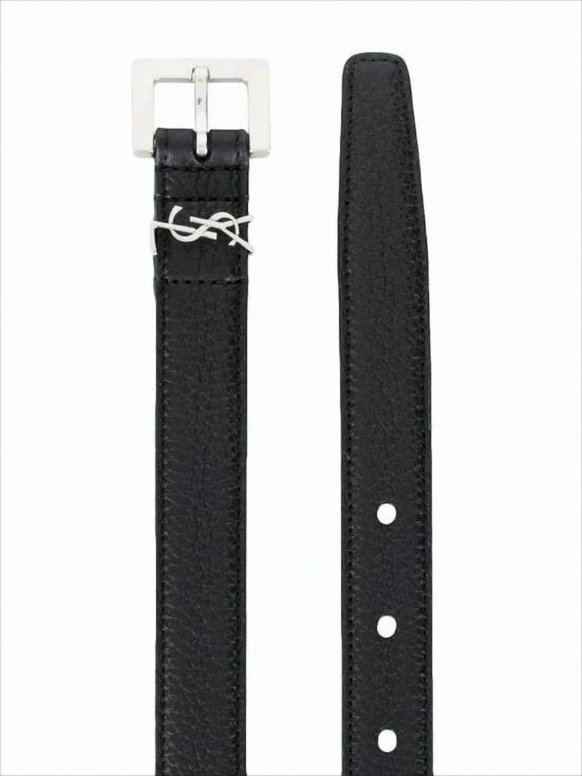 Saint Laurent Textured Calf Leather Belt With Silver Buckle Detail