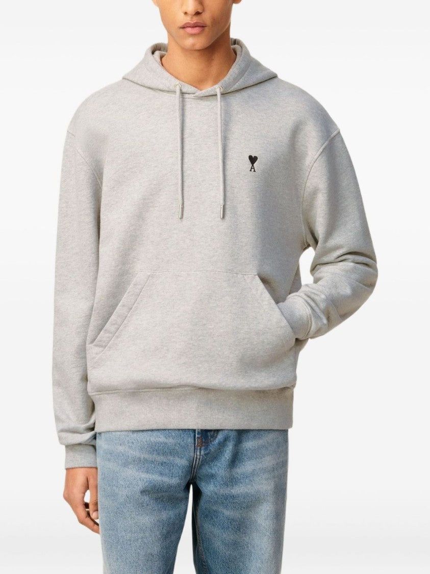 Ami Paris Relaxed-Fit Light Grey Hoodie With Embroidered Heart Detail