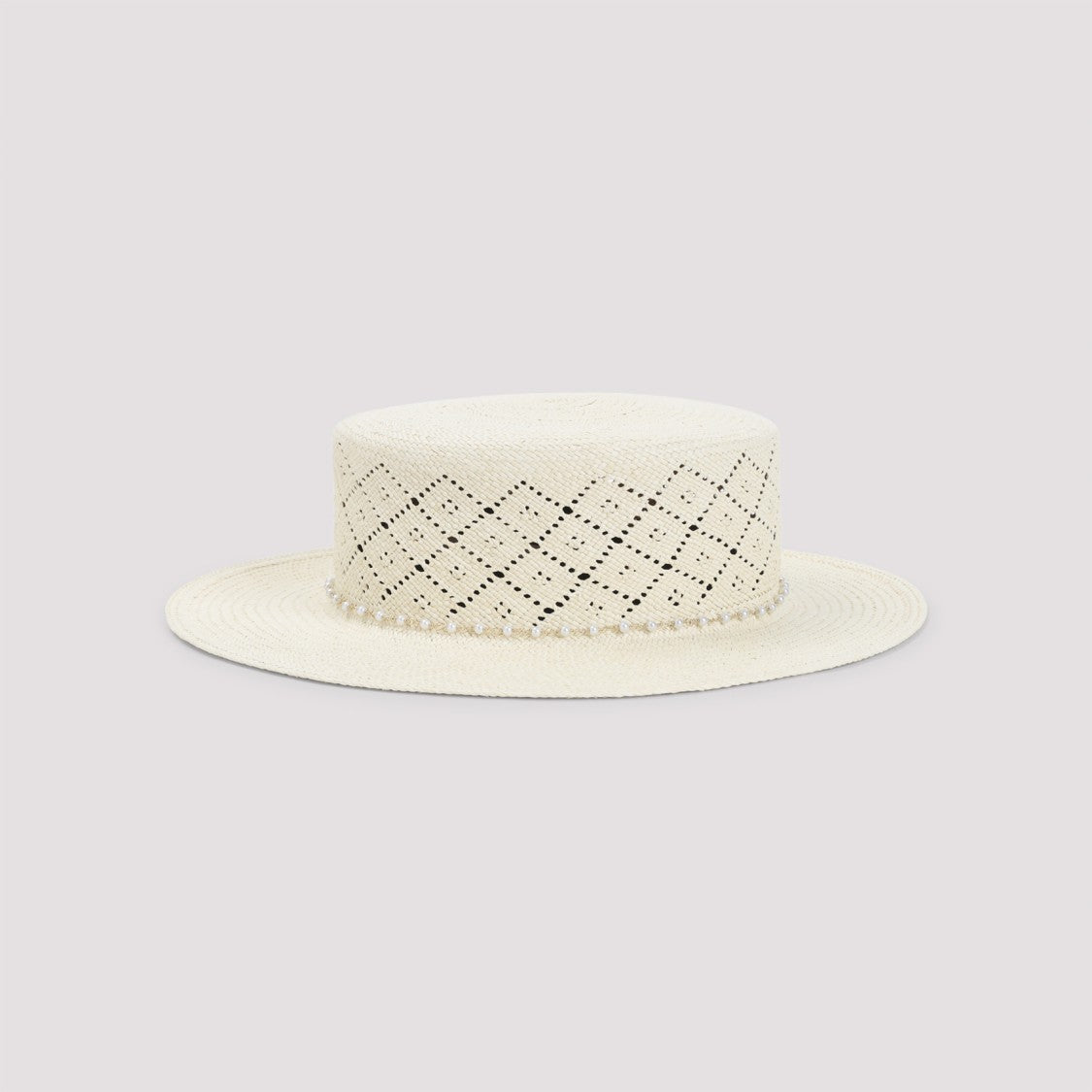 Maison Michel Wide-Brim Hat With Perforated Diamond Pattern And Pearl Accents