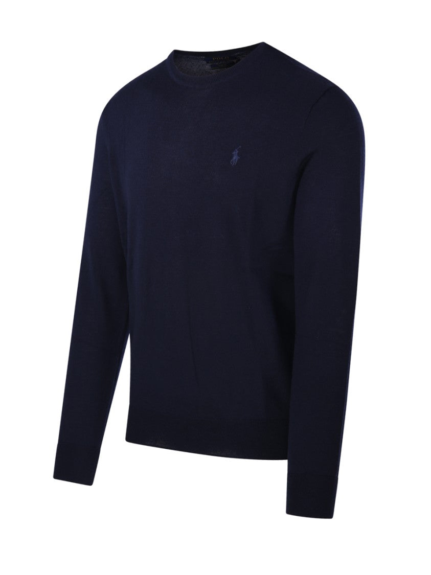 Polo Ralph Lauren Classic Black Wool Round Neck Sweater With Ribbed Cuffs