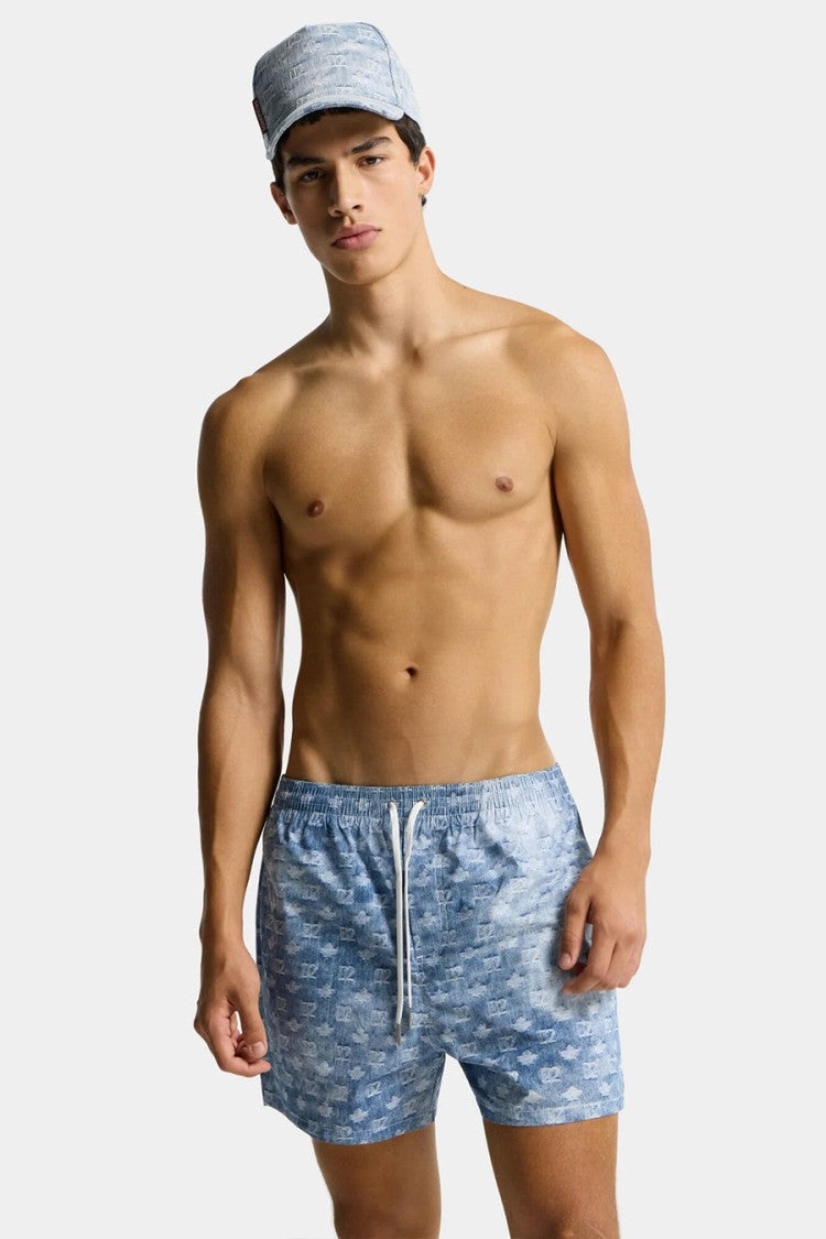 Dsquared2 Blue Tonal Monogram Print Drawstring Polyester Swim Shorts