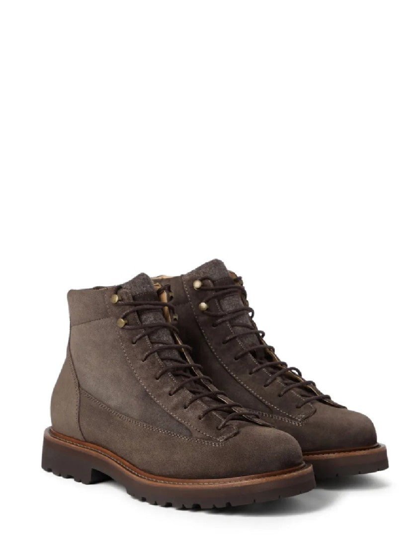 Brunello Cucinelli Brown Suede Lace-Up Boots With Rugged Design