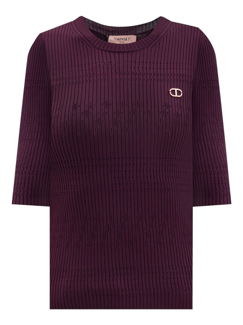 Twin-Set Ribbed Bordeaux Sweater With Elbow-Length Sleeves
