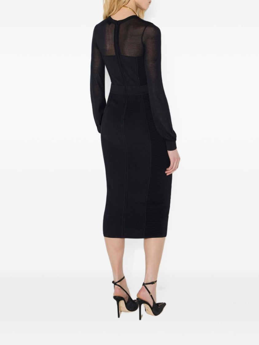 Elisabetta Franchi Fitted Black Midi Dress With Sheer Sleeves And Ribbed Panels