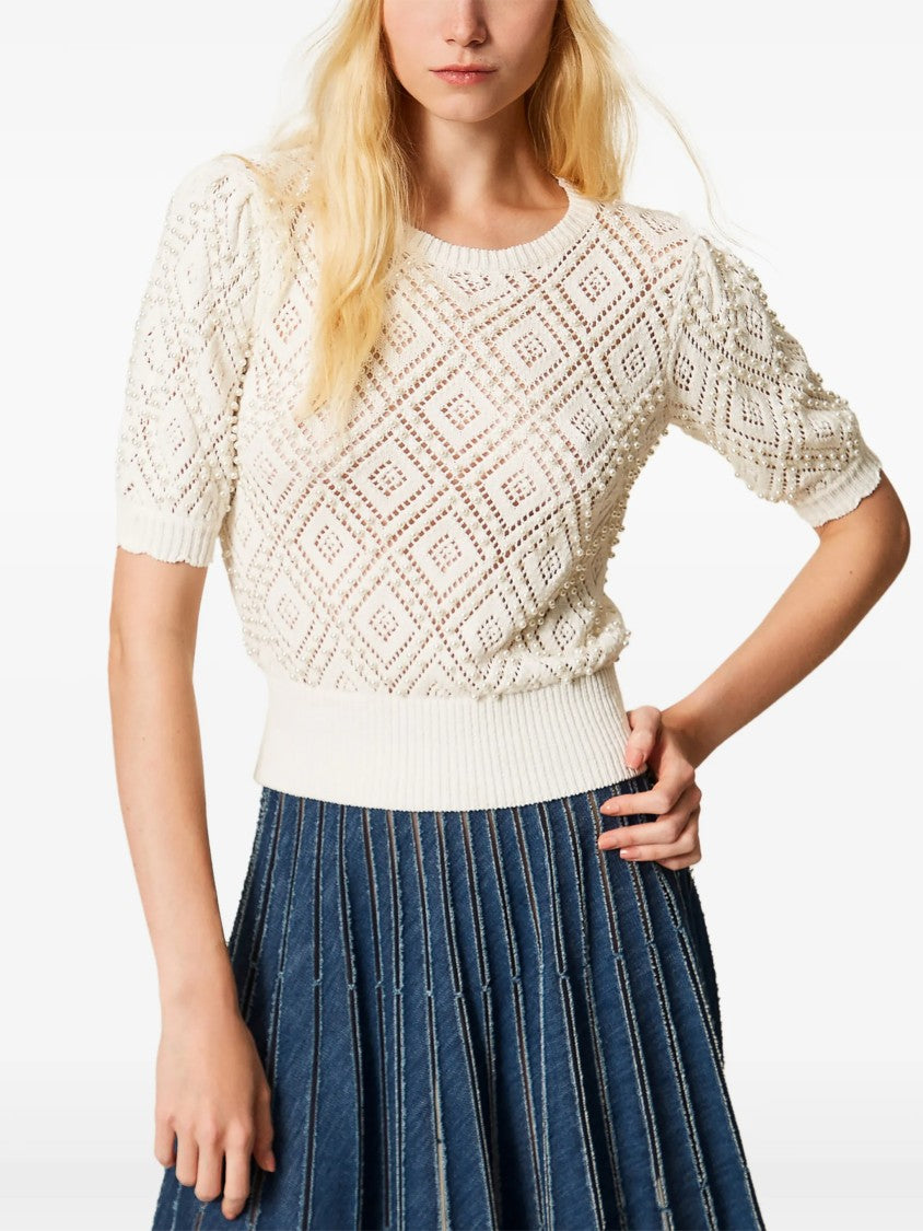 Twin-Set Diamond Openwork Pattern Cropped Knit Top