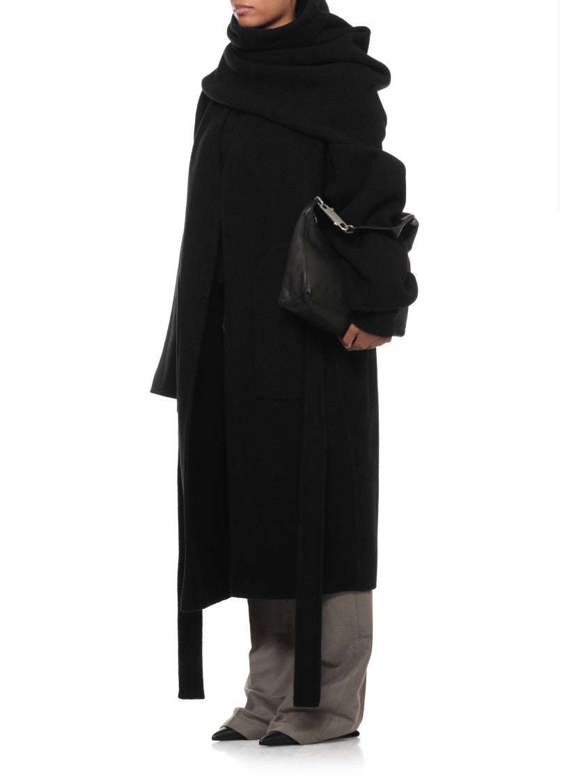 Rick Owens Long Black Cashmere Coat With Distinctive Cape And Matching Belt