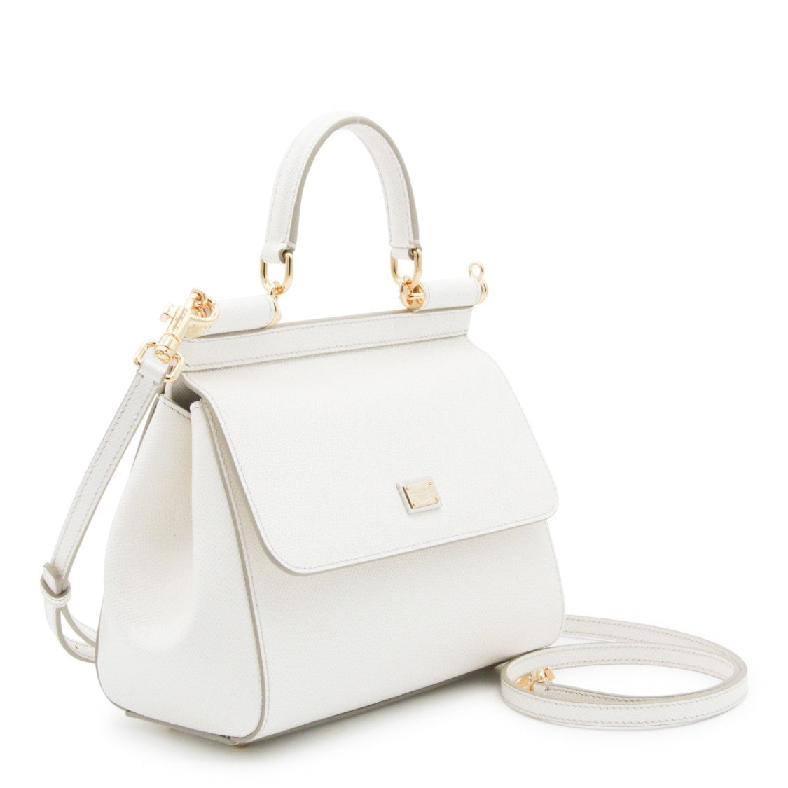 Dolce & Gabbana White Pebbled Leather Sicily Small Bag With Gold-Tone Accents