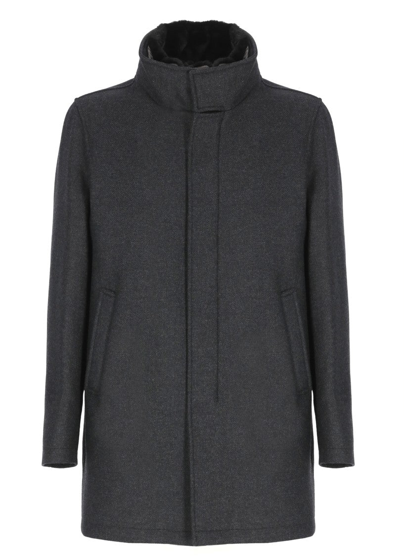 Herno High Neck Grey Wool Coat With Zip And Button Fastening