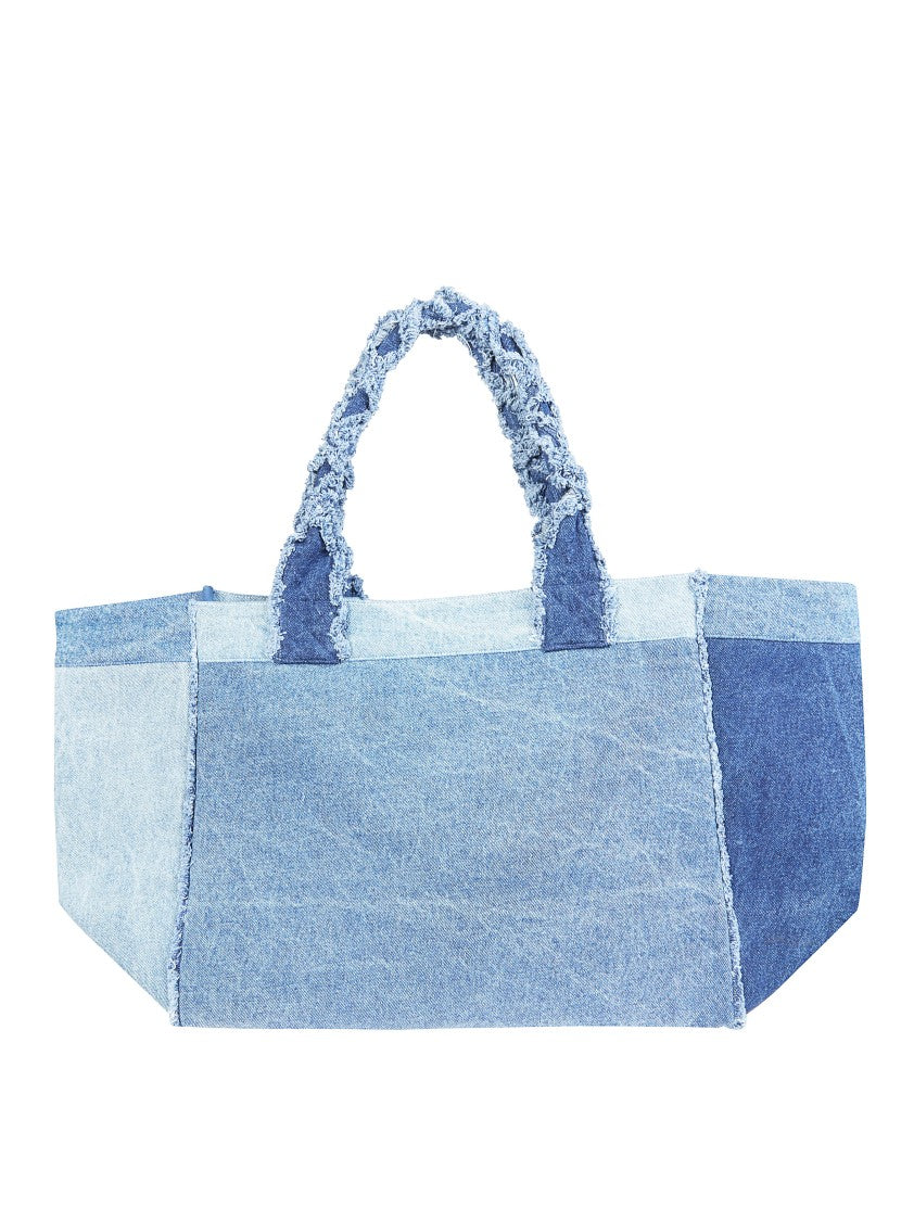Ganni Xxl Patchwork Denim Frayed Tote Bag