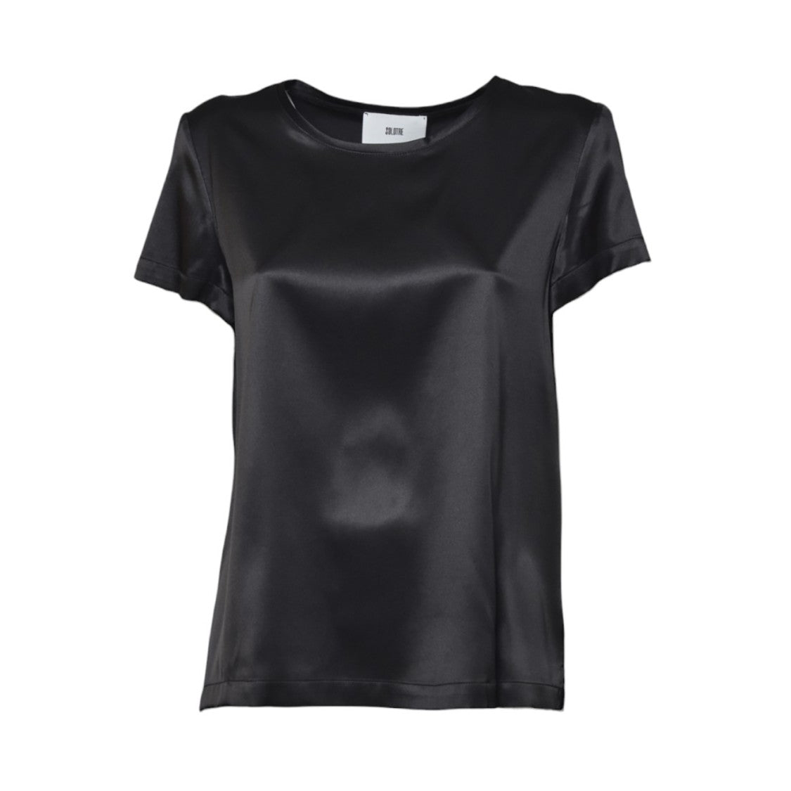 Solotre Black Satin Crewneck Top