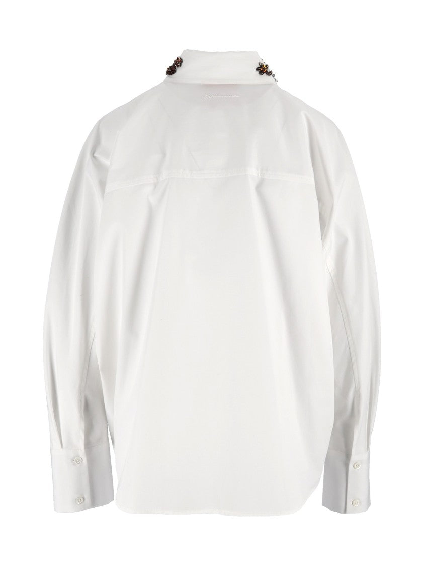 Ermanno Scervino White Cropped Embellished Collar Wide Cuff Shirt