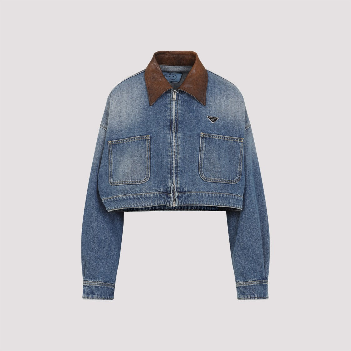 Prada Cropped Denim Jacket With Contrasting Leather Collar