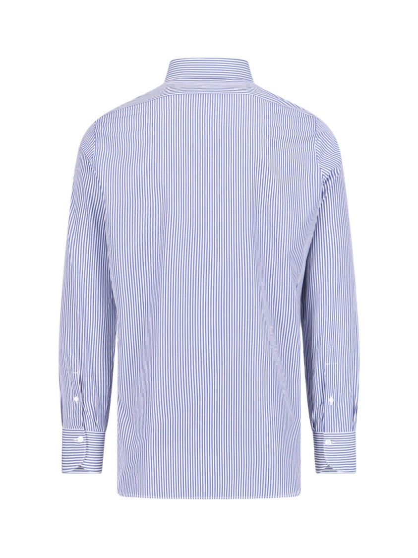 Finamore Vertical Stripe Blue Cotton Shirt With Classic Collar
