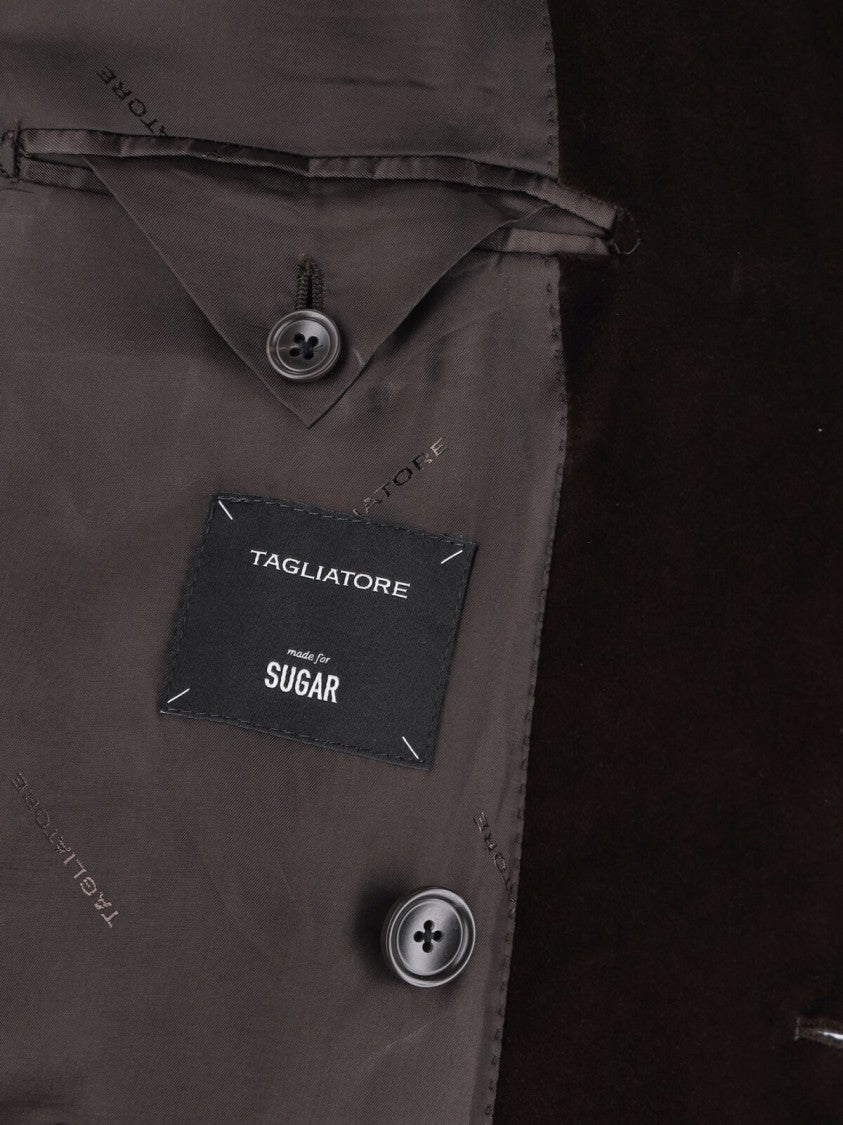 Tagliatore Dark Brown Double-Breasted Peak Lapel Velvet Blazer