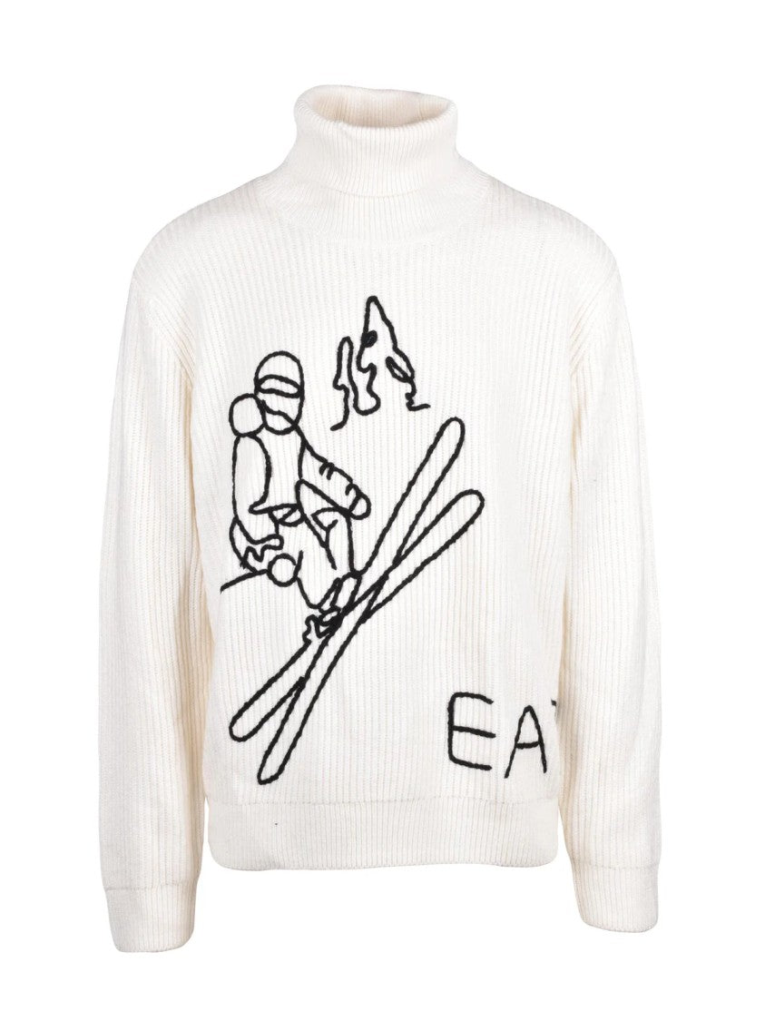 Ea7 Emporio Armani High Neck Sweater With Ribbed Texture And Embroidered Detail