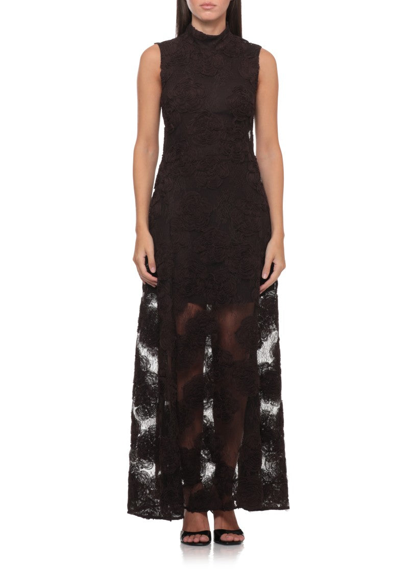 Rotate Brown Lace Long Sleeveless Dress With Fabric Roses