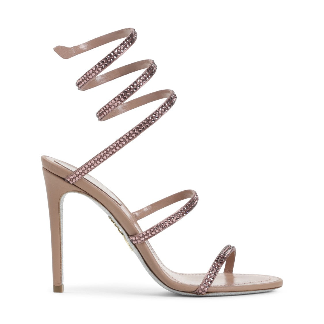 René Caovilla High-Heeled Satin Sandal With Strass Embellishments And Ankle Spiral Strap