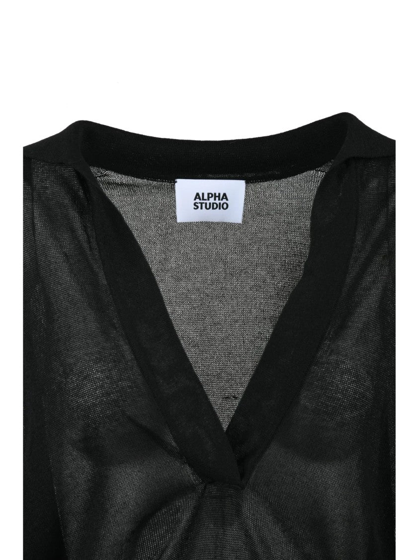 Alpha Studio Black Viscose Polyester Oversized Polo Shirt