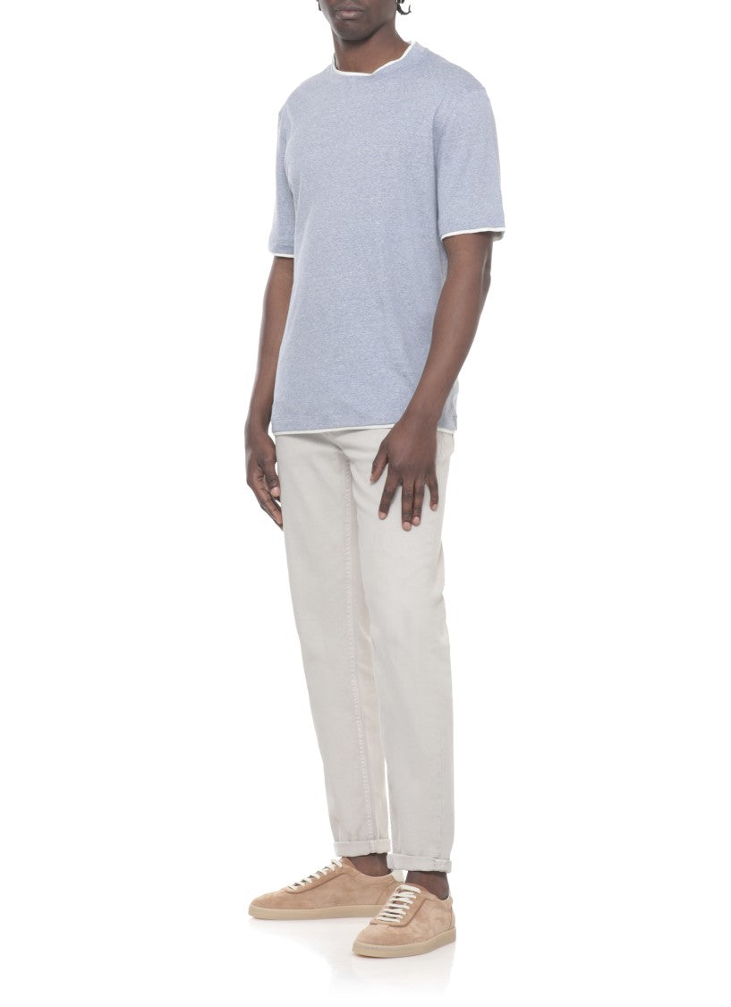 Brunello Cucinelli Light Blue Trims Cotton-Linen T-Shirt