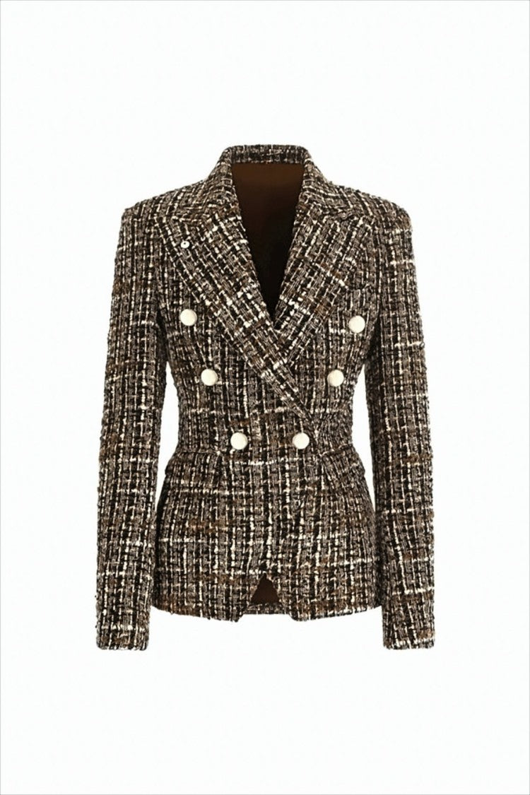 L.B.M. Double-Breasted Textured Tweed Jacket With Golden Accents