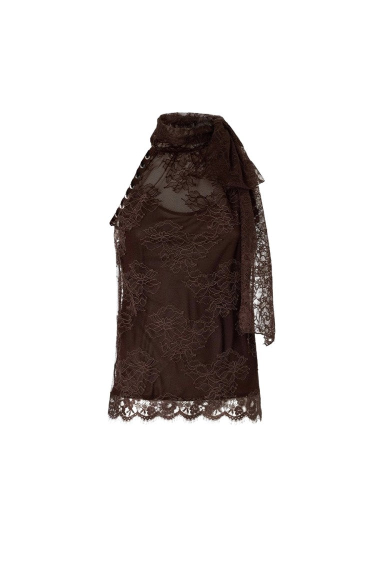 Pinko Brown Nylon Lace Cowl-Neck Top