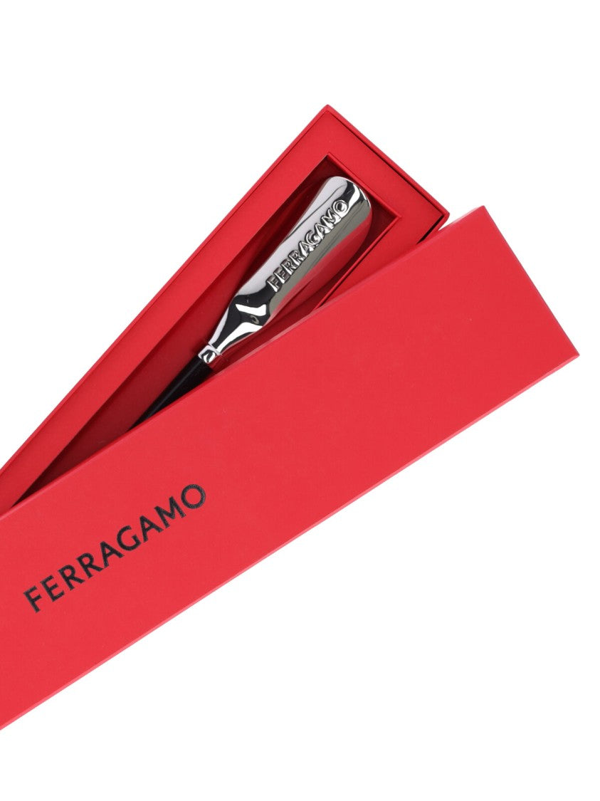 Ferragamo Black Leather Silver Brass Shoehorn
