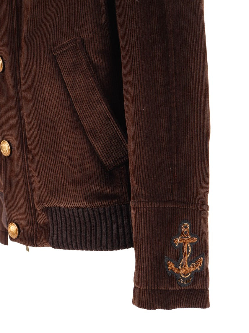 Sealup Brown Velvet Blouson With Brass Buttons And Hand-Embroidered Anchor Detail