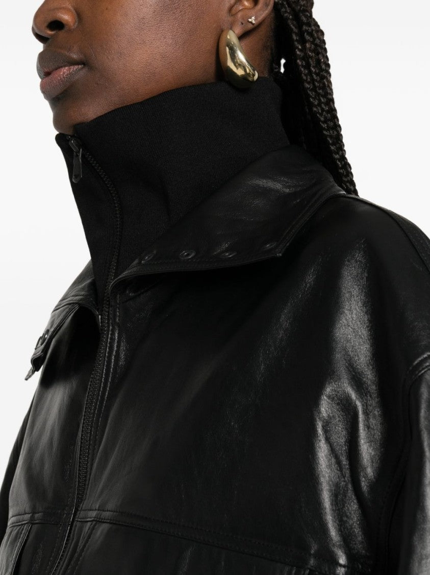 The Frankie Shop Black Popper Funnel Collar Leather Leather Jacket
