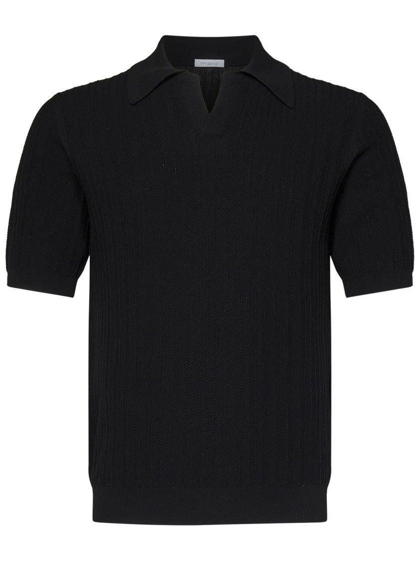 Malo Short-Sleeved Black Polo Shirt With Herringbone Stitch