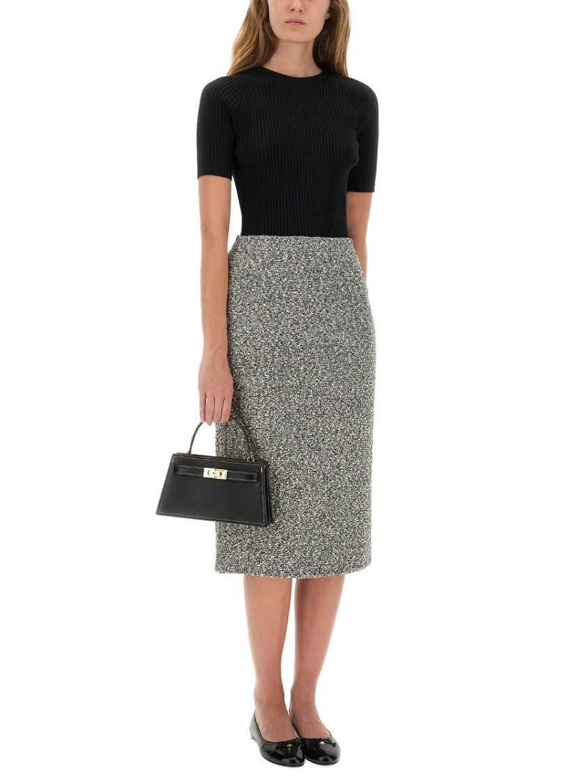 Tory Burch Mid-Calf Tweed Skirt With Textured Fabric And Smooth Waistband