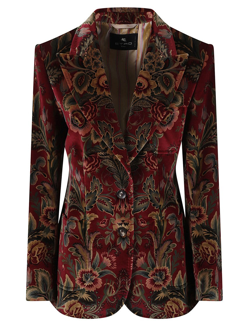 Etro Fitted Burgundy Velvet Blazer With Intricate Floral Print