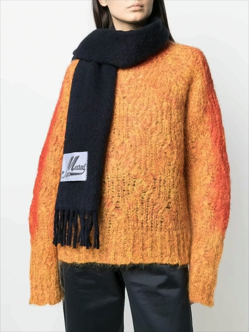 Marni Long Fringed Alpaca And Polyamide Scarf With Rectangular Patch