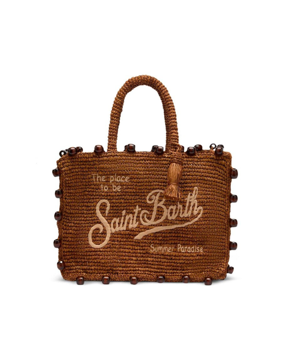 Mc2 Saint Barth Rectangular Woven Rafia Tote With Decorative Beads