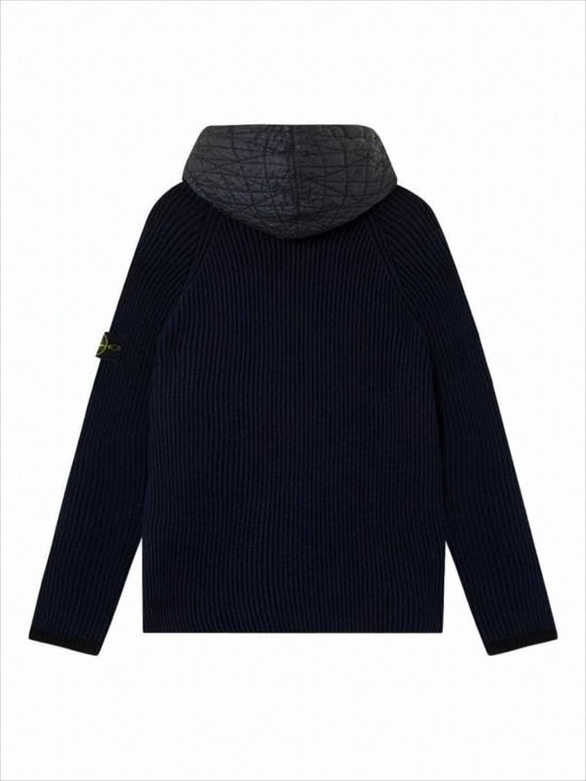 Stone Island Ribbed Knit Cardigan With Quilted Hood