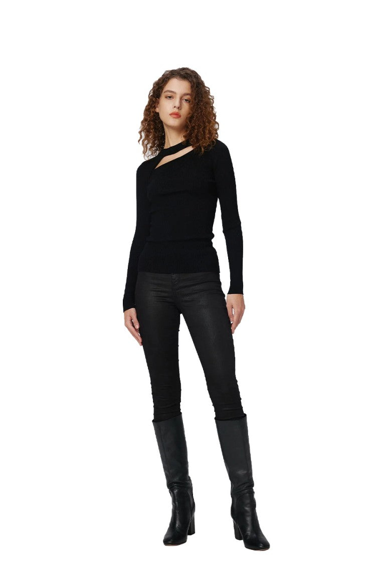 Diane Von Furstenberg Asymmetrical Cutout Black Top Ribbed Texture