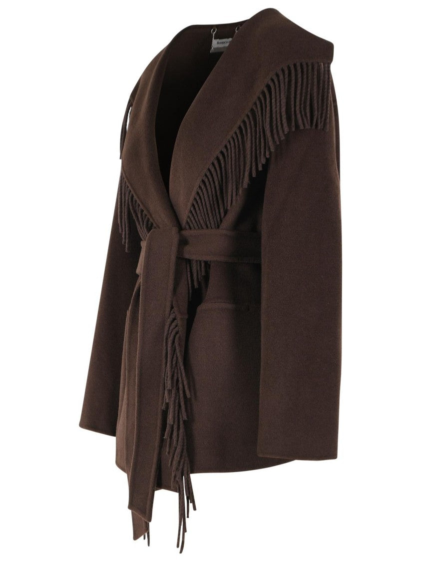 Simkhai Brown Wool Blend Jacket With Fringed Décor And Belted Waist