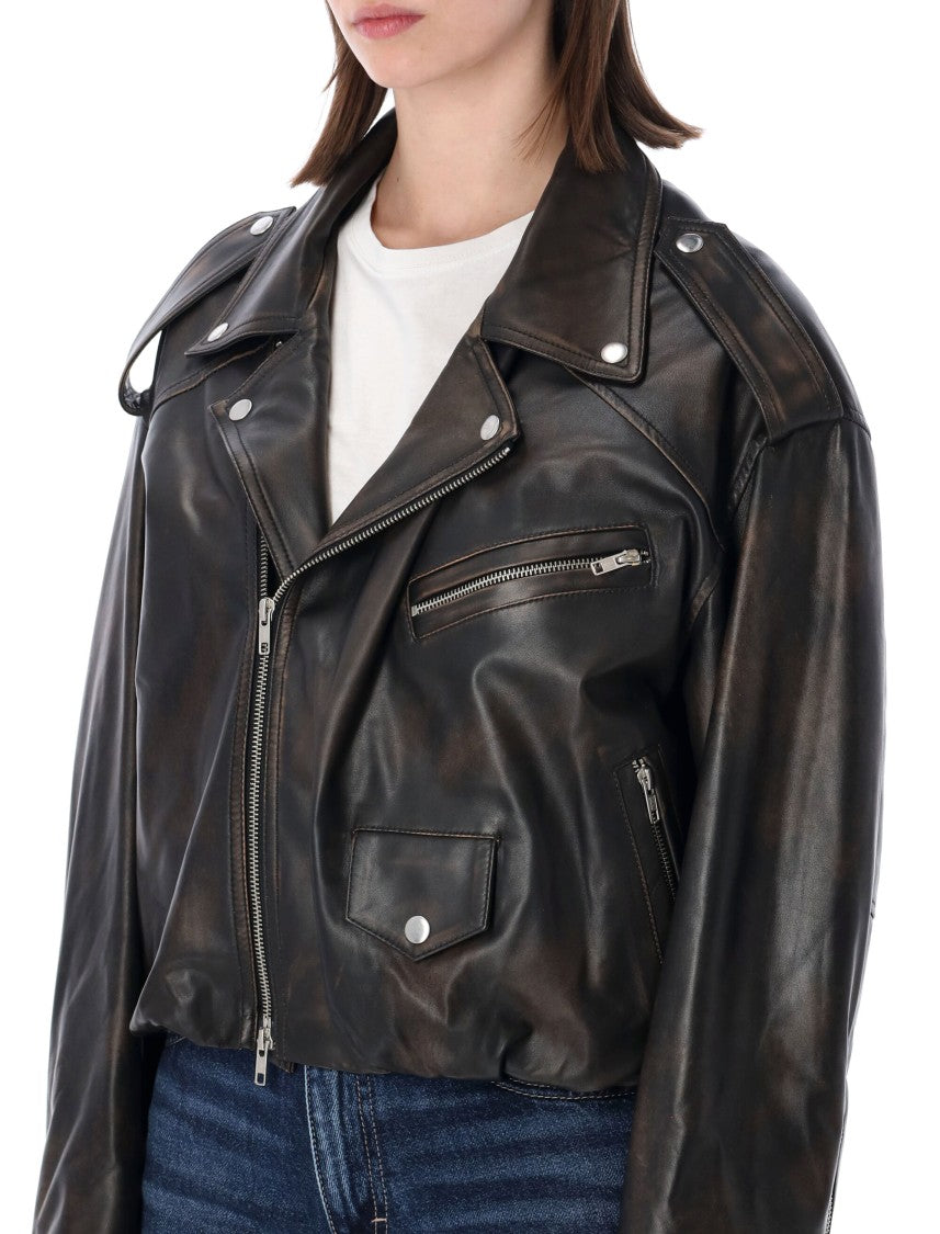Sword Elastic Hem Leather Bomber Jacket