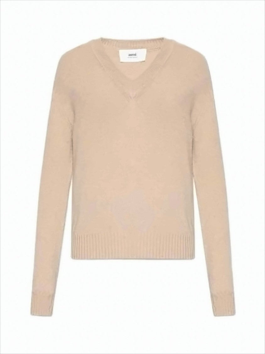Ami V-Neck Cashmere Blend Sweater With Ribbed Details