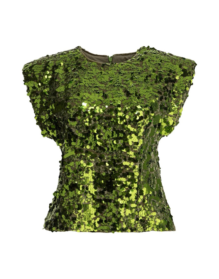 Ganni Fitted Green Sequins Top With Cap Sleeves