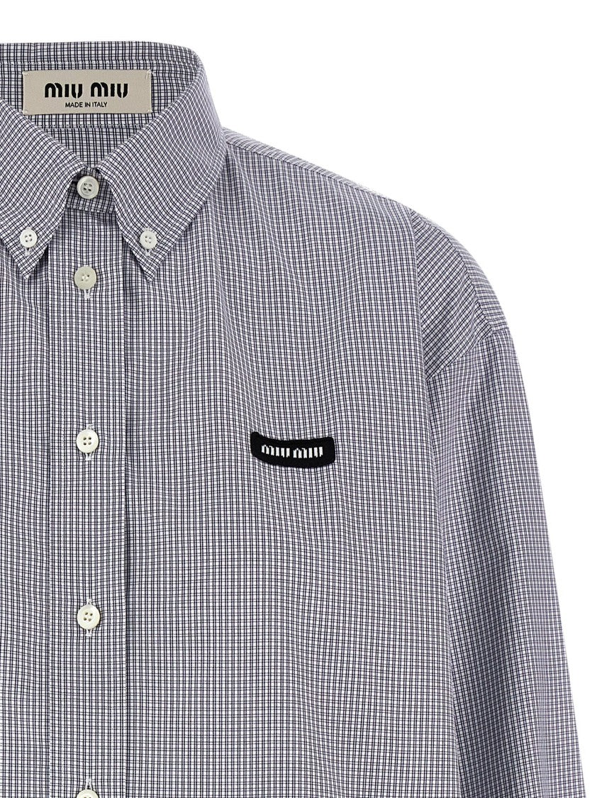 Miu Miu Cropped Blue Checkered Cotton Poplin Shirt With Button-Down Collar