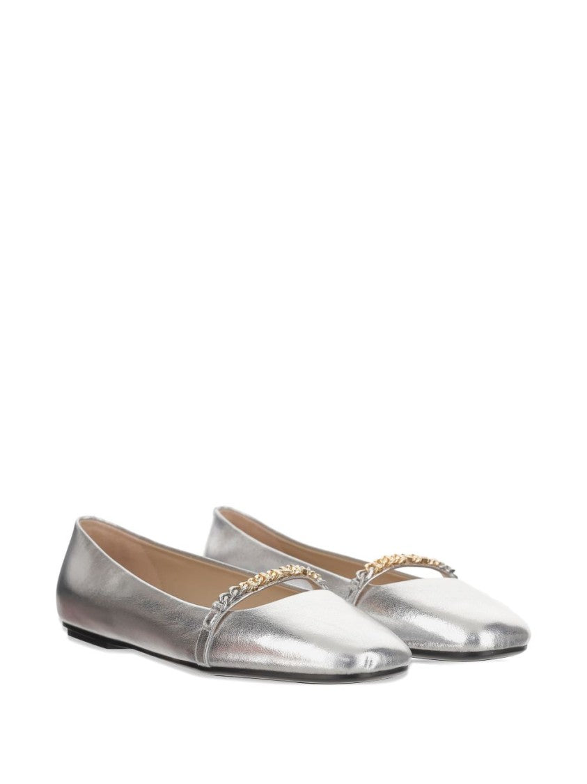 Pinko Pointed Toe Flats With Metallic Silver Finish And Chain Detail