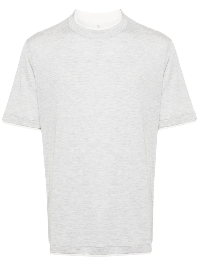 Brunello Cucinelli Grey Contrasting Crew Neck Cotton T-Shirt