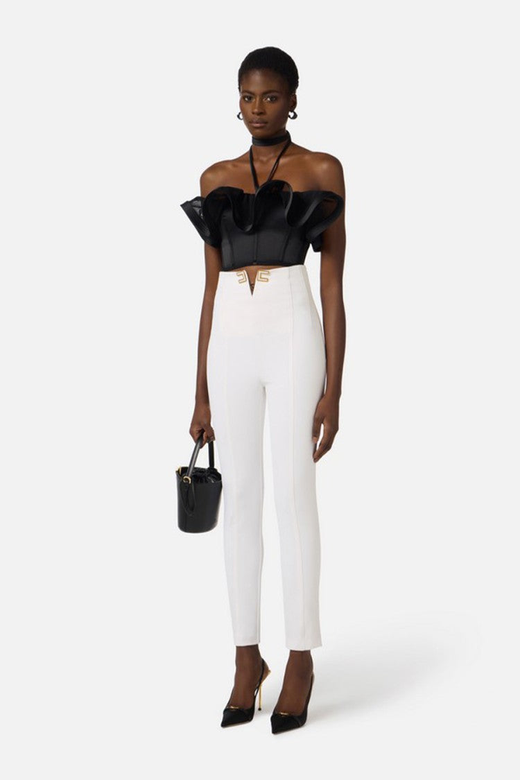 Elisabetta Franchi Ivory High-Waist V-Cut Logo Hardware Polyester-Blend Cropped Pants