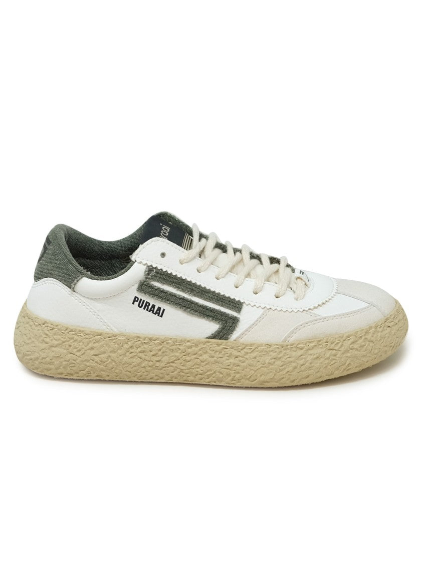 Puraai Classic White And Green Vegan Leather Sneakers