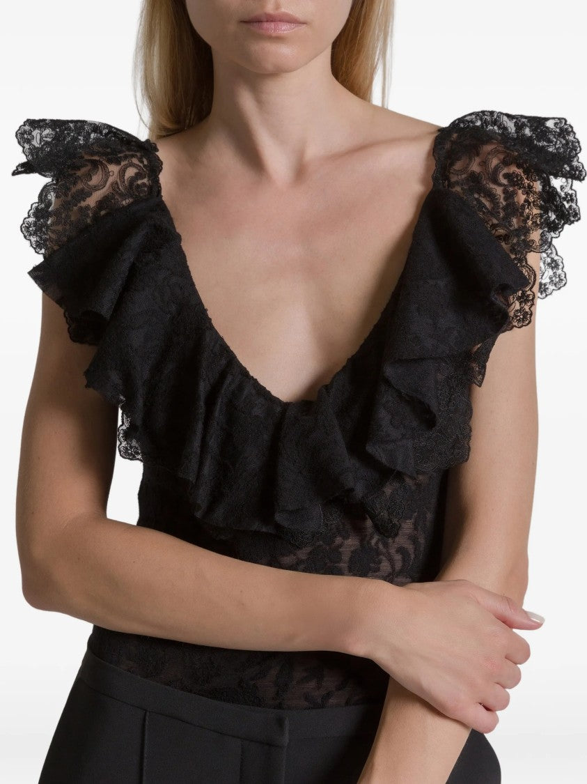 Alberta Ferretti Black Body Fitted Lace Wool Bodysuit