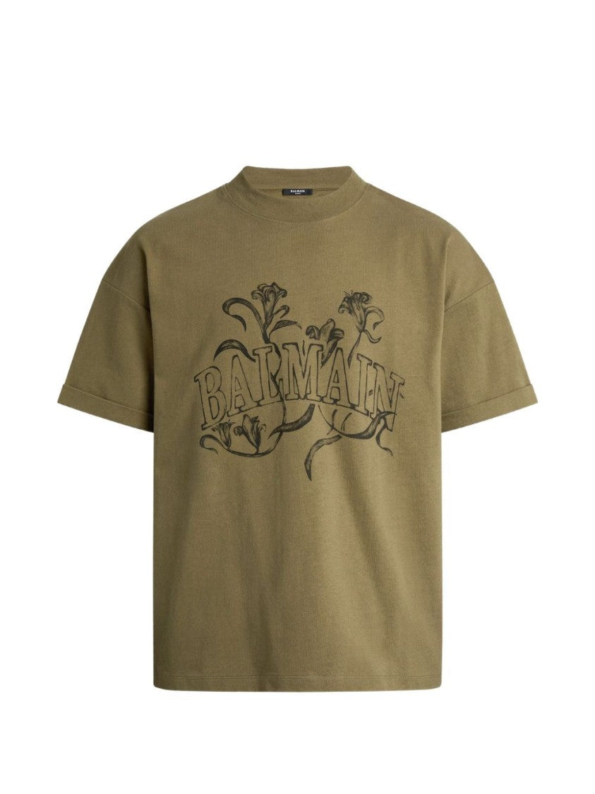 Balmain Olive Green Boxy-Fit Floral T-Shirt