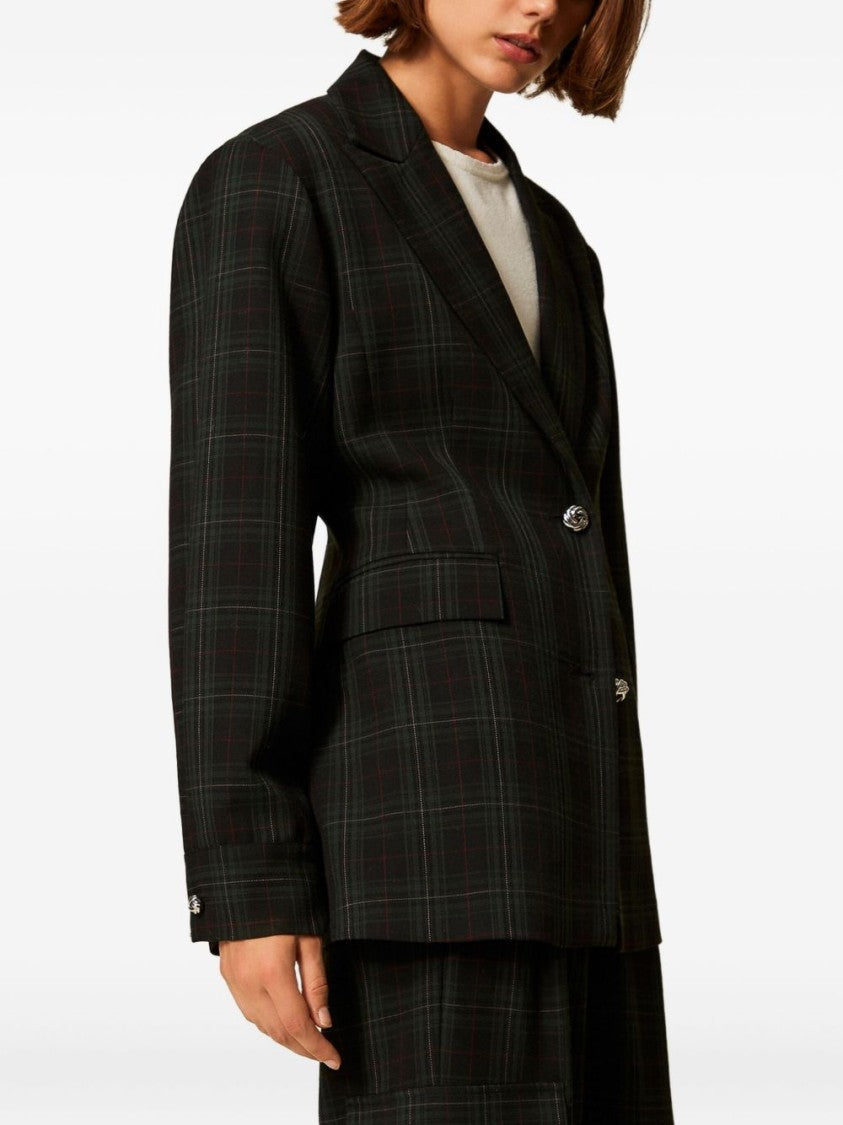 Twin-Set Classic Tailored Jacket With Subtle Plaid Pattern